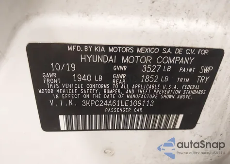 2020 Hyundai Accent Se z USA, uszkodzony, nr VIN 3KPC24A61LE109113